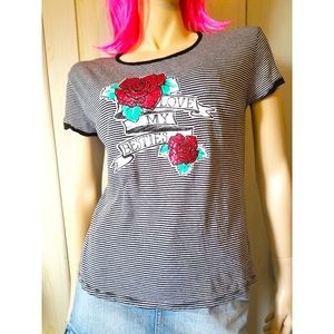 Black & White Striped LOVE MY BESTIES Glitter Roses Laceup Logo RETRO T-shirt